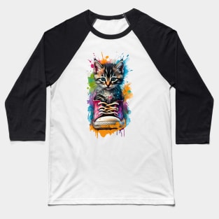 Cute Kitten In A Sneaker Watercolor Color Splash Design Baseball T-Shirt